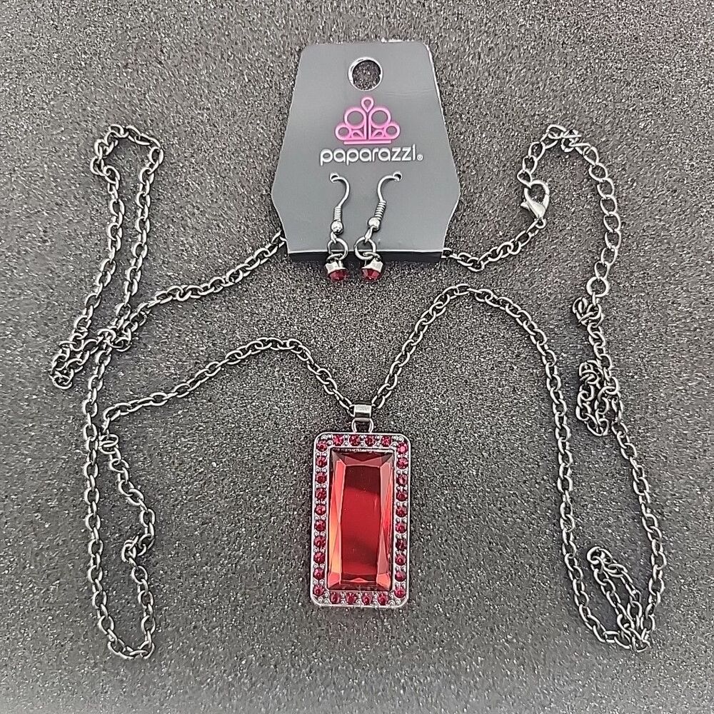 Jewelry Paparazzi Necklace Earrings Bada BLING Bada Boom Red Large Pendant NEW